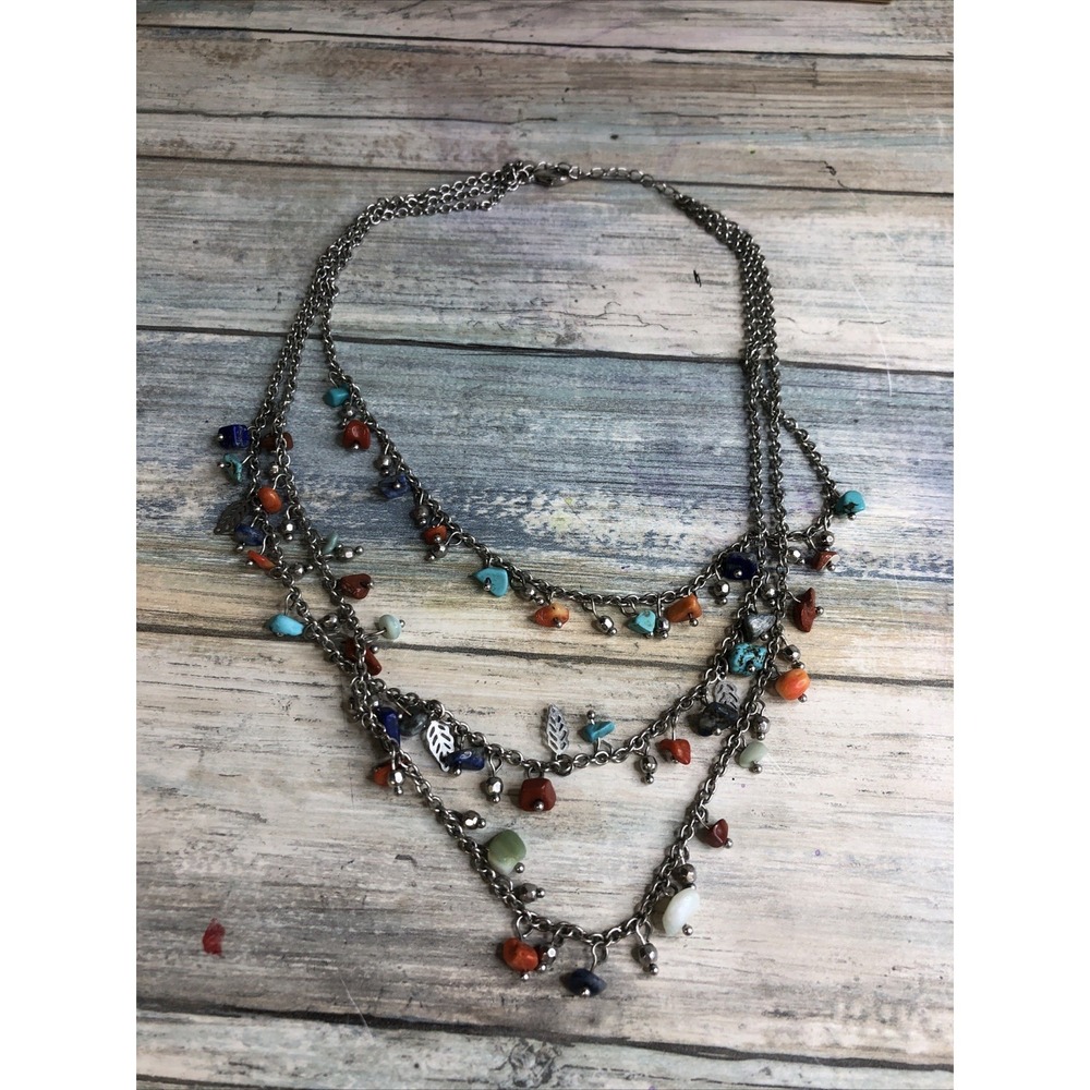 Southwestern-style Necklace multi layer turquoise chips coral silver tones 18"